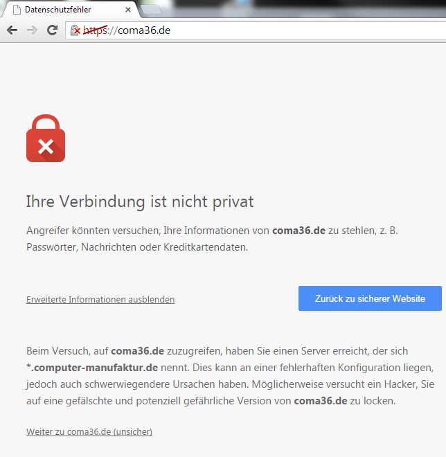 Anzeige fehlgeschlagene HTTPS Verbindung im Google Chrome