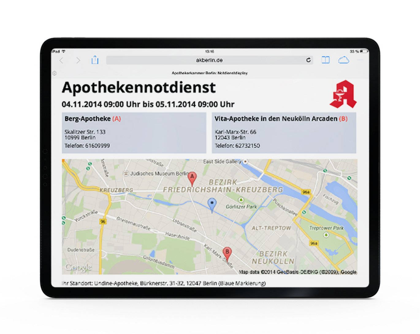 Referenz TYPO3 Webentwicklung - Apothekennotdienstanzeiger Tabletansicht