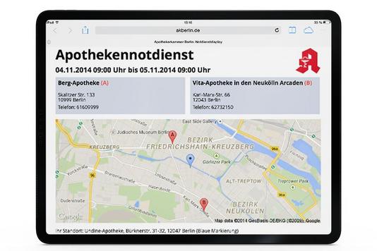 Referenz TYPO3 Webentwicklung - Apothekennotdienstanzeiger Tabletansicht