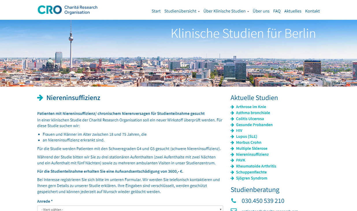 Drupal Referenz - Screenshot Charite Research Organisation Studien