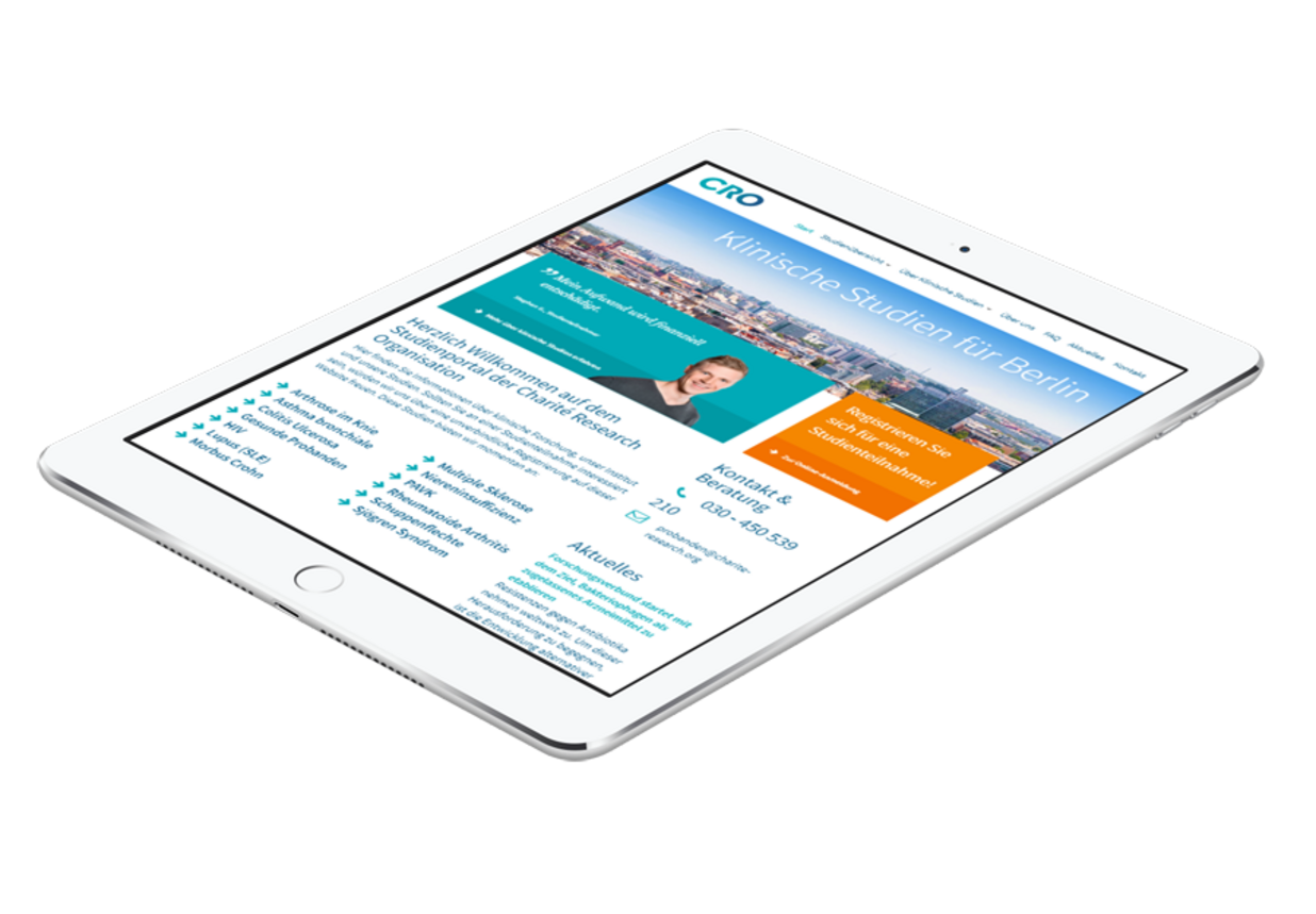 Drupal Referenz - Screenshot Charite Research Organisation Tabletansicht