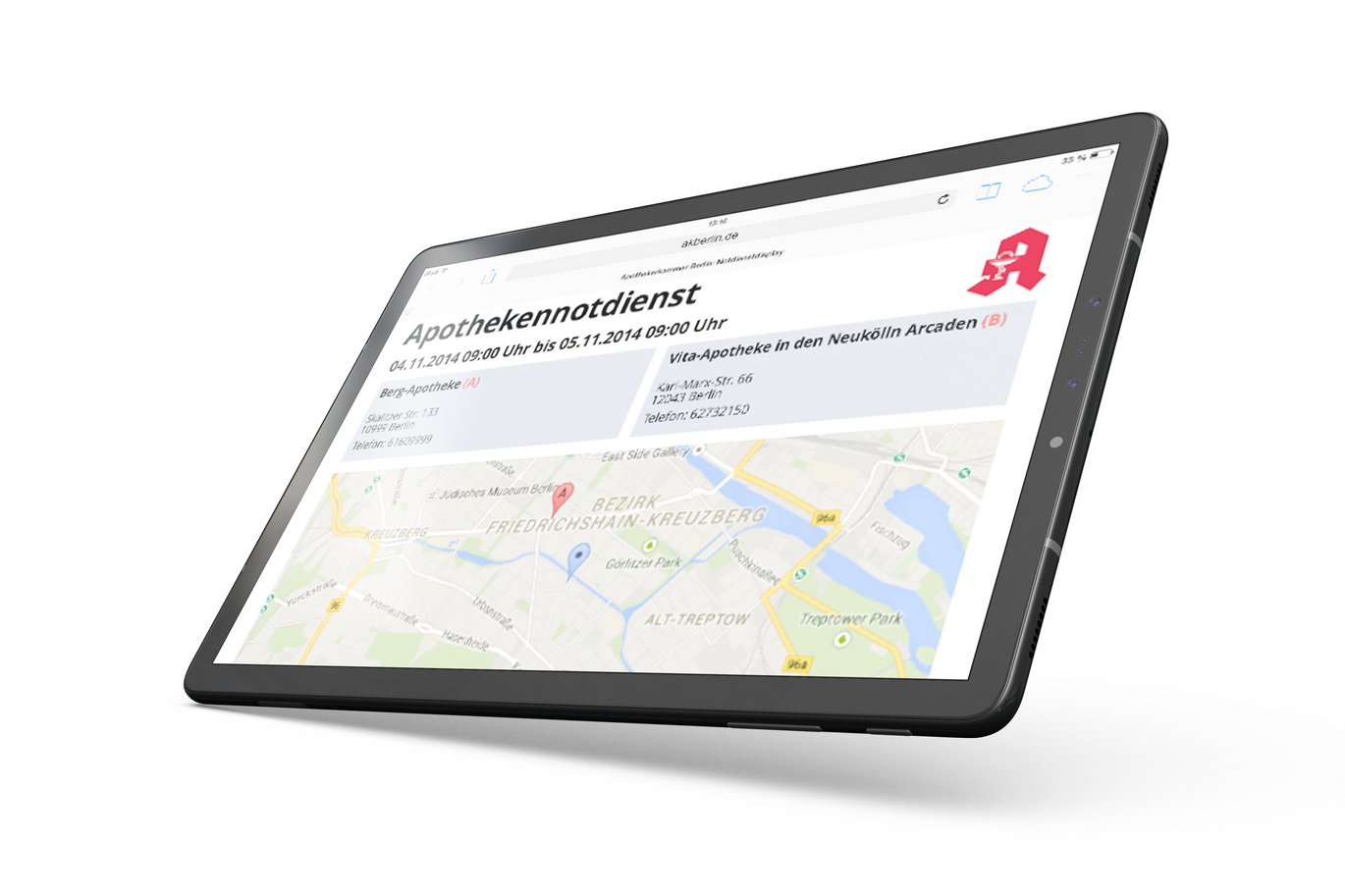 Referenz TYPO3 Webentwicklung - Apothekennotdienstanzeiger Tabletansicht liegend