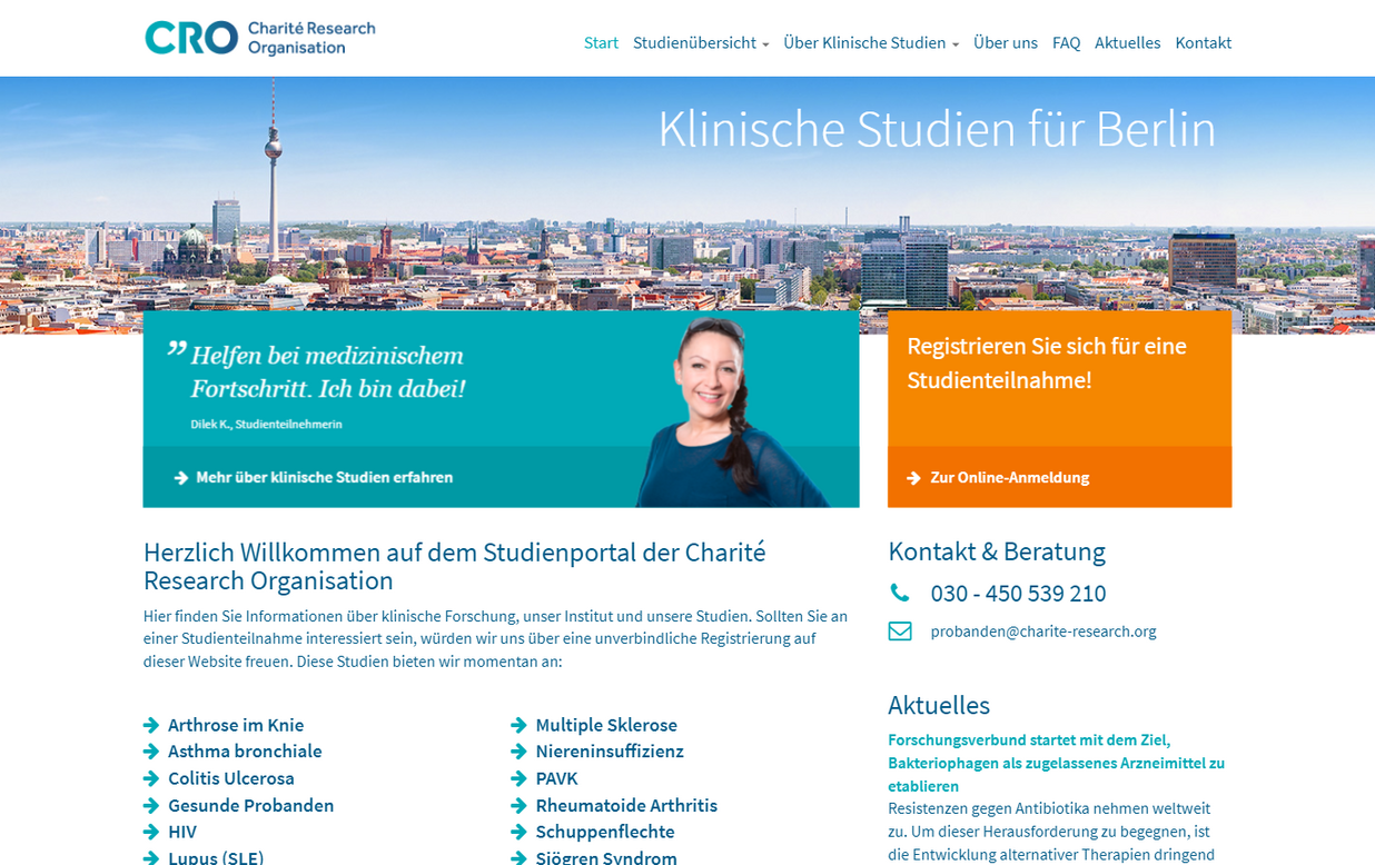 Drupal Referenz - Screenshot Charite Research Organisation Startseite